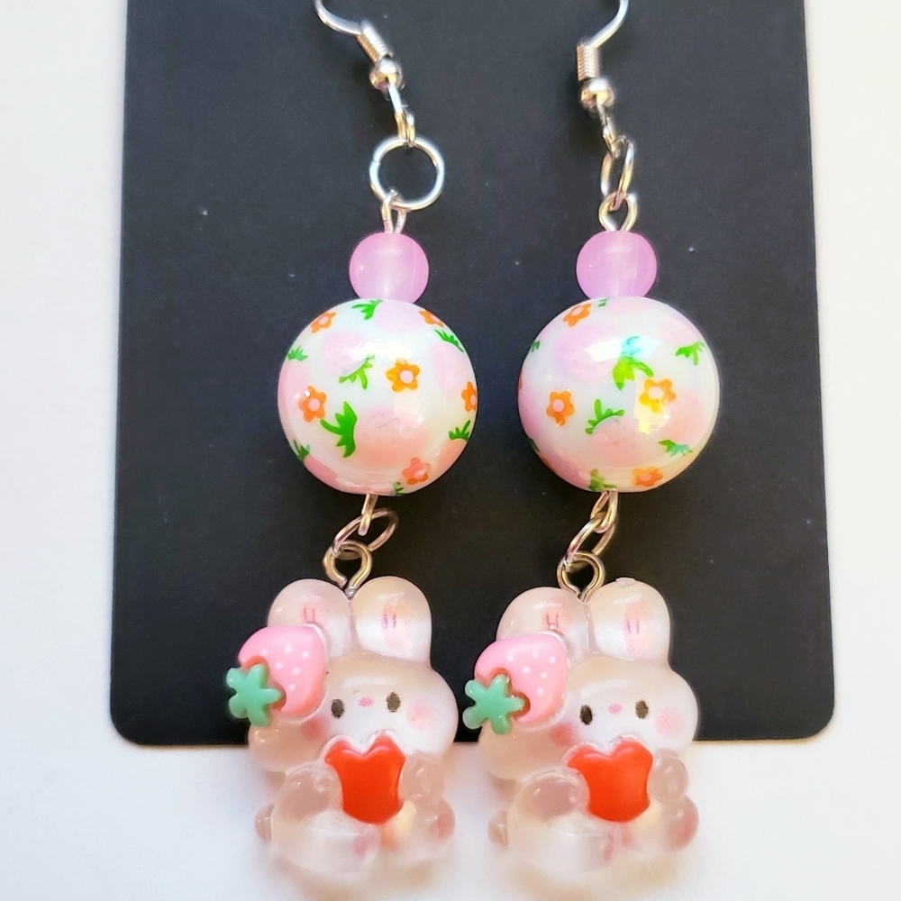 Handmade Beaded White Pink Strawberry Kawaii Bunny Earrings